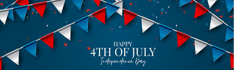 Wall Mural - 4th of July Independence day celebration banner or header. USA national holiday design concept with bunting flags. Vector illustration.