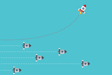 Different Approach - Different Direction. Group of rockets flying in one direction and with one individual flying in the different way, can be used leadership/individuality concepts.	