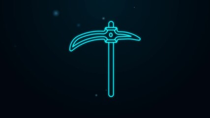 Sticker - Glowing neon line Pickaxe icon isolated on black background. 4K Video motion graphic animation