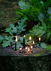 Wall Mural - burning magic candles, green oak and fern leaves on tree stump. meditation, relaxation, wicca spiritual practice. Witchcraft. Esoteric pagan Ritual. aura cleansing