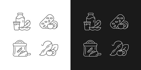 Wall Mural - Soy meals linear icons set for dark and light mode. Organic soybean based flour. Vegetable snacks. Customizable thin line symbols. Isolated vector outline illustrations. Editable stroke