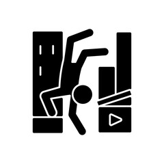 Poster - Parkour videos black glyph icon. Shooting footage for action motion picture. Filmmaking on extreme freerunning sport. Videography. Silhouette symbol on white space. Vector isolated illustration