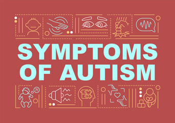 Symptoms of autism word concepts banner. Medical services. Infographics with linear icons on red background. Isolated creative typography. Vector outline color illustration with text