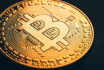 Bitcoin close-up, cryptocurrency metal coin