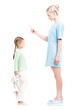 © Mediaphotos - Vertical full length isolated side view shot of young adult woman scolding her daughter for being naughty, white background