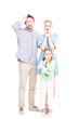 © Mediaphotos - Vertical full length shot of modern man and woman standing with their little daughter astonished at something, white background
