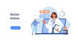 © Irina Strelnikova - Character having video consultation with doctor online on laptop. Modern health care services and online medicine concept. Flat cartoon vector illustration.