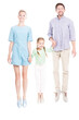 © Mediaphotos - Vertical full length studio shot of joyful Caucasian man, woman and their cute daughter holding hands jumping together, white background