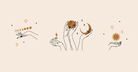 Wall Mural - Hand drawn vector abstract stock flat graphic illustration with logo element,bohemian magic line art of woman hand,crescent,star and moon phase in simple style for branding,feminine astrology concept.