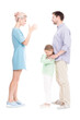 © Mediaphotos - Vertical full length side view studio shot of husband and wife having conflict quarrelling, their daughter feeling sad about it, white background