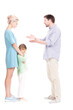 © Mediaphotos - Vertical full length side view studio shot of husband and wife having conflict quarrelling, their daughter feeling sad about it, white background