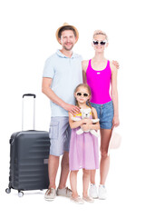 Vertical full length studio portrait of family with one child wearing summer outfits ready to travel on vacation, white background