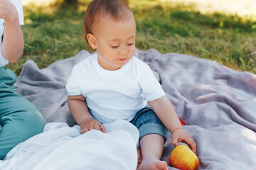 Adorable baby with an apple sitting on a blanket in the garden. Cute little kid at family picnic outdoors in summer. Healthy food for the child.