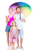 © Mediaphotos - Vertical full length studio portrait of family with one little daughter wearing summer outfits spending time on vacation, white background