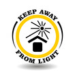 Warning ISO symbol Keep away from sun light, don't heat sign, keep in cool place pictogram. Round icon for cargo delivery protection of gentle product packaging