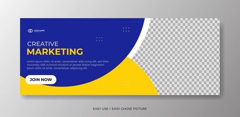 Wall Mural - Editable banner web template with white yellow and blue background. Minimal, modern vector illustration