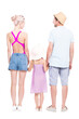 © Mediaphotos - Vertical full length studio portrait of family with one little daughter wearing summer outfits spending time on vacation, white background