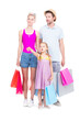 © Mediaphotos - Vertical full length studio portrait of handsome man and beautiful woman spending time together with daughter doing shopping on summer day