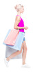 © Mediaphotos - Vertical full length studio portrait of stylish young woman wearing summer outfit carrying shopping bags, white background