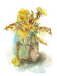 Yellow dandelions in a vase - watercolor illustration for postcards, decor, packaging