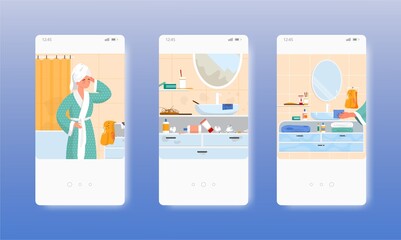 Sticker - Messy and clean bathroom, before after cleaning. Mobile app screens, vector website banner template. UI, web site design