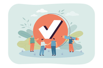 Wall Mural - tiny business people with checkmark. check in checklist, woman thanking man for good job flat vector