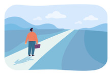 Businessman On Way To New Career Opportunities. Flat Vector Illustration. Man With Briefcase On Straight Road To Professional Success, Bright Goal, In Hope Of Change. Motivation, Job, Future Concept