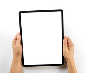 Hand holding a mockup tablet with blank screen isolated on white