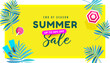 End of season summer sale banner in trendy bright colors with tropical leaves and discount text.