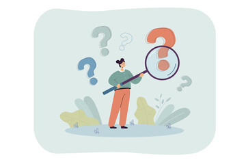 Canvas Print - woman with magnifier analyzing question marks. curious person investigating interrogation point flat