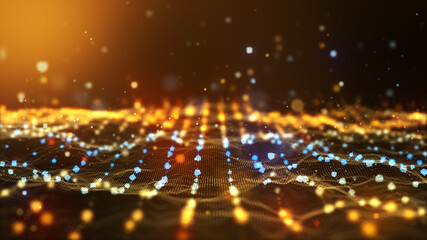 Wall Mural - glow golden digital landscape with cube particle. crypto currency, big data, block chain and digital