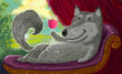 funny humorous beautiful bright multicolor cartoon illustration of a wolf lying on a sofa with a glass of wine in his paw and resting smiling