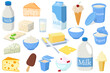 A set of fresh dairy products.Fresh milk,cheeses,yoghurts,butter, sour cream,cream, ice cream and cottage cheese.Illustrations in a hand-drawn style are isolated on a white background.