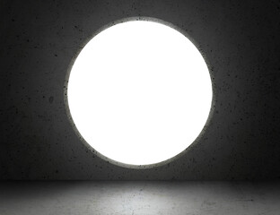 Wall Mural - Bright white light shines from background circle door in dark room. Dream, success, opportunity. concept business