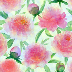 Watercolor pink peonies flowers. Beautiful floral seamless pattern.