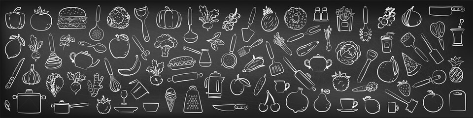 Wall Mural - Food sketch on chalkboard background. Hand drawn kitchen utensils, fruit and vegetable. Beet, pepper, pineapple, pomegranate and burger. Chalk blackboard. Vector kitchenware set