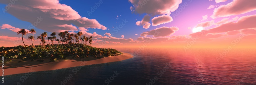 Palm trees over the water, Beach with palm trees at sunset, sea sunset with palm trees, 3D rendering - obrazy, fototapety, plakaty 