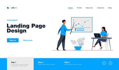 Wall Mural - Business coach showing growth graph to businesswoman. Laptop, training, statistics flat vector illustration. Analytics and management concept for banner, website design or landing web page