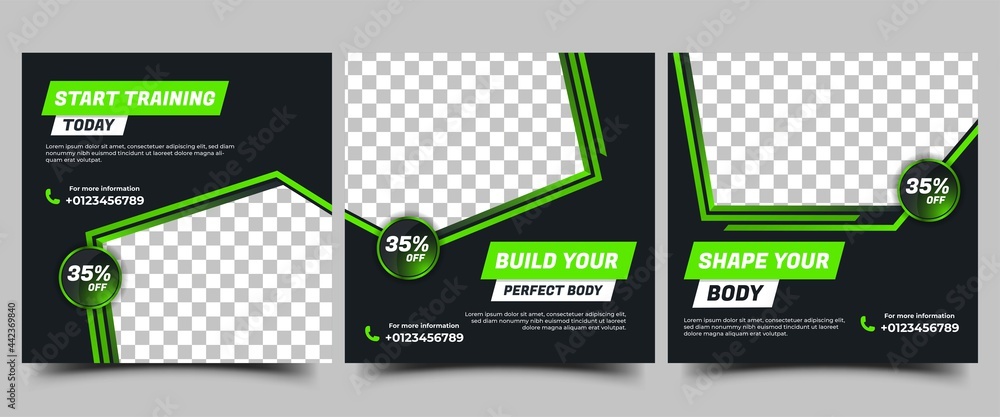Gym, Fitness, Workout Social media post templates design collection. Modern square banner with abstract green shape and place for the photo. Usable for social media, banners, and websites. - obrazy, fototapety, plakaty 