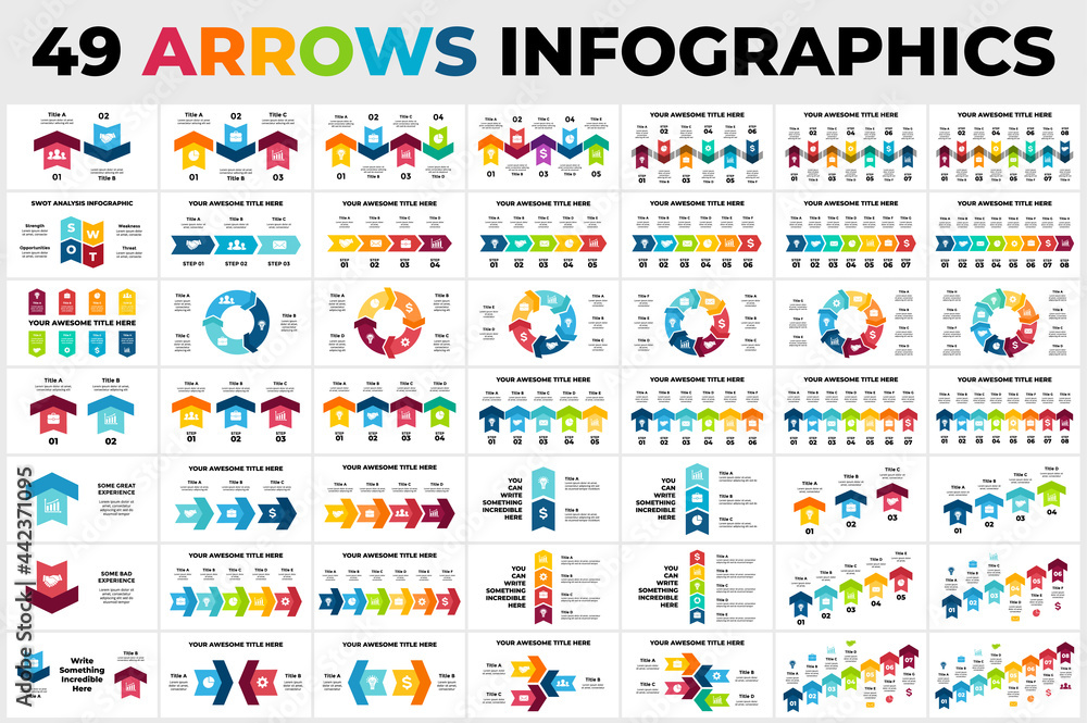 49 Arrows Vector Infographics Bundle. Presentation slide templates. Circle chart diagrams. Perfect for marketing or business project. - obrazy, fototapety, plakaty 