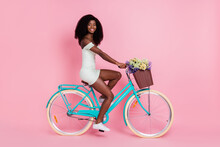 Full Size Profile Side Photo Of Young Afro Girl Happy Positive Smile Ride Bicycle Isolated Over Pink Color Background