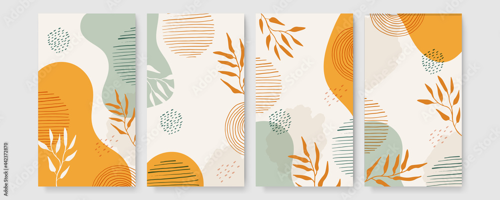 Tropical boho themed banners set. Creative compositions of colorful palm leaves and branches. Floral geometric design template for posters, covers, social media stories. Flat style vector illustration - obrazy, fototapety, plakaty 