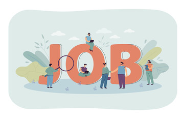 Sticker - Business people searching for jobs. Huge job word, persons with career skills, new human resources for company flat vector illustration. HR, freelance concept for website design or landing web page