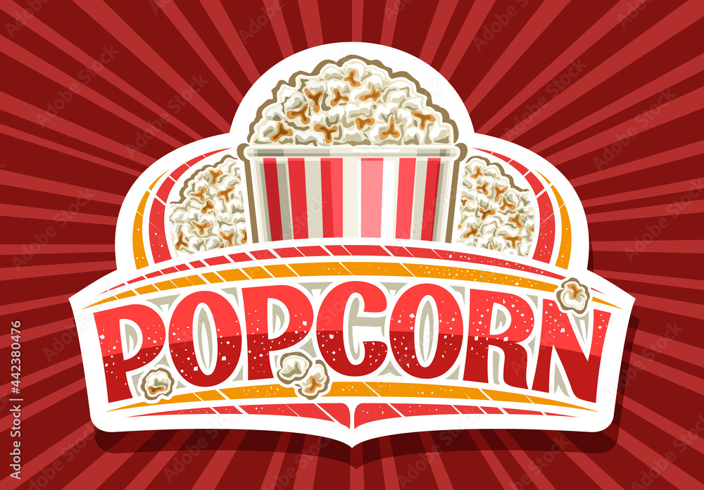Vector logo for Popcorn, white decorative sign board with illustration of homemade salted pop corn, poster with unique brush lettering for word popcorn for fast food cafe on rays of light background. - obrazy, fototapety, plakaty 