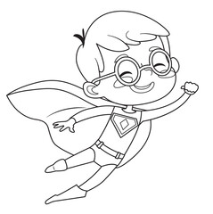 Coloring Page of Super Hero Children. Boys and Girls wearing costumes of superheroes Coloring book. Cartoon vector characters of Kids Superheroes