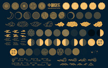 Mid Autumn Festival Gold Design Elements Set, Moon, Mooncakes, Clouds, Traditional Patterns Circles, Chinese Text Happy Mid Autumn. Isolated Objects. Vector Illustration. Asian Style, Flat, Line Art