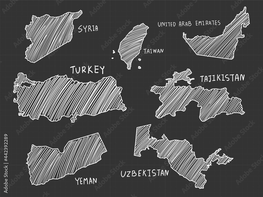7 of asia map white line freehand sketch on black background. Stock ...