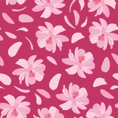 Wall Mural - Floral seamless pattern with pink cosmos flowers and petals.