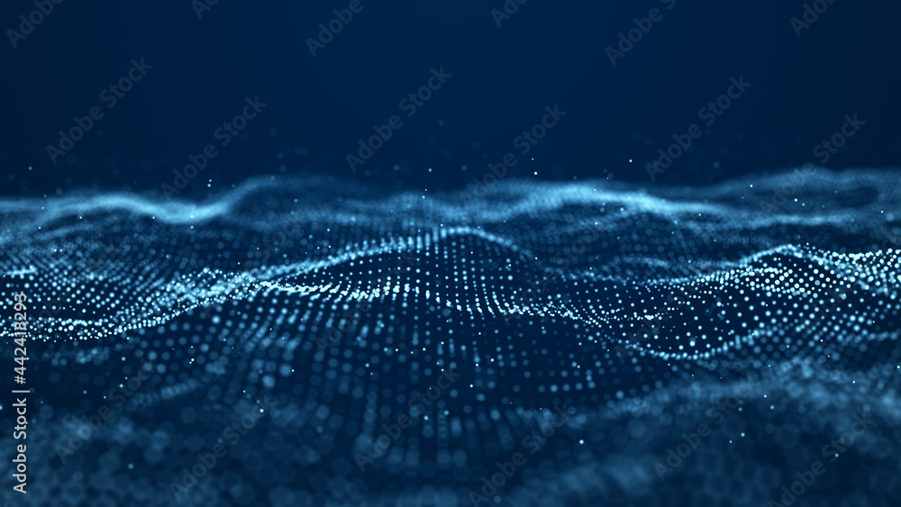 Abstract wave with moving dots. Flow of particles. Cyber technology illustration. 3d rendering - obrazy, fototapety, plakaty 