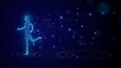 Silhouette of a person running on the water from blue sparks against the background of the starry sky
